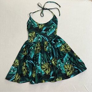 American Apparel Teal and Green Tropical Leaf Halter Skater Dress